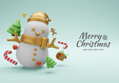 3d illustration Christmas banner with Snowman wearing gold scarf and gold winter hat, gift box, candy cane, small xmas tree and small gingerbread men. Background Xmas. Merry Christmas and Happy New Year. Horizontal new year poster, greeting card.の写真素材