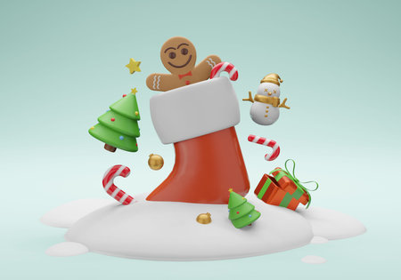 3d illustration Christmas with a big red sock with small gingerbread men inside, gift box, candy cane, small xmas tree and small snowman wearing gold scarf and gold winter hat. Background Xmas. Horizontal new year poster, greeting card.の写真素材