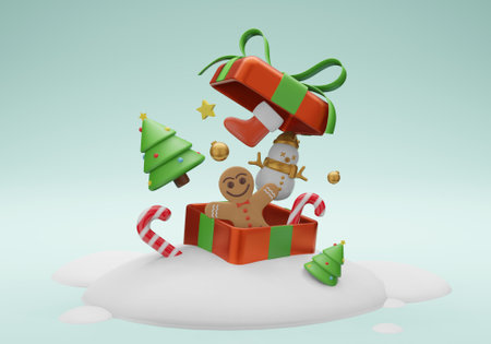 3d illustration Christmas with a big red gift box in the snow with small gingerbread men inside, gift box, candy cane, small red sock, small xmas tree and small snowman wearing gold scarf and gold winter hat. Background Xmas. Horizontal new year poster, greeting card.の写真素材