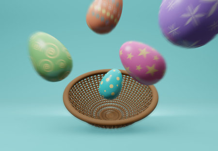 3D illustration colorful Easter eggs bounce off from brown basket on green background. Happy Easter.の写真素材