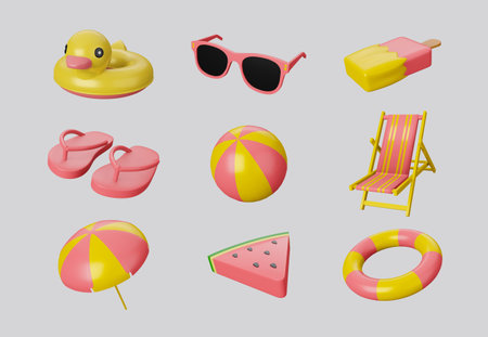 3D illustration summer colorful objects collection for outdoor trip vacation isolated on white...