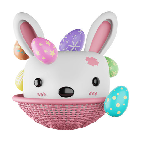 3d rendering icon easter face cute rabbit and colorful eggs in pink basket isolated on white...