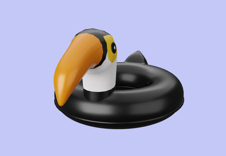 3D illustration rubber swimming ring in shape of black toucan isolated on purple background. 3d...