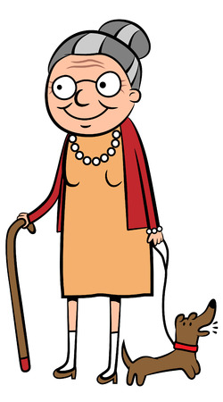 illustration of a happy old woman walking her dogのイラスト素材