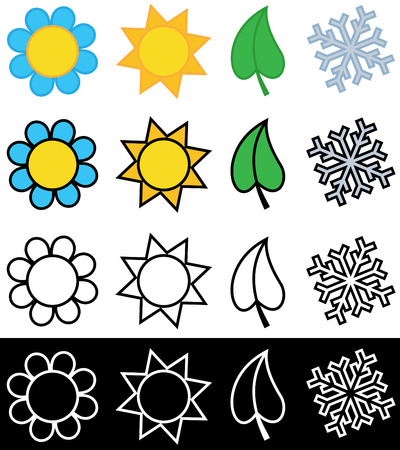 Vector illustration of four seasons in colorful and black and white versionsのイラスト素材