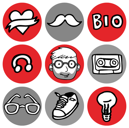 Cartoon vector design illustration of hipster, nerd icons in circles setのイラスト素材