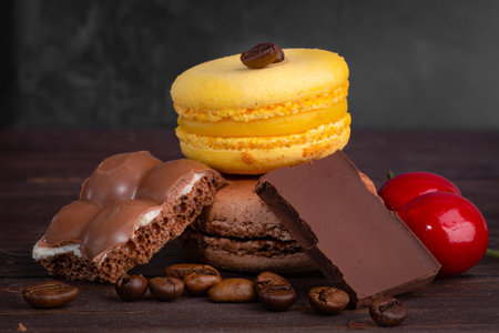 macaroon with chocolate pieces and coffee beans and cherry