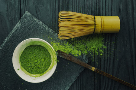 Set with green matcha tea on wooden background. Japanese tea ceremony. Food menu background.の写真素材