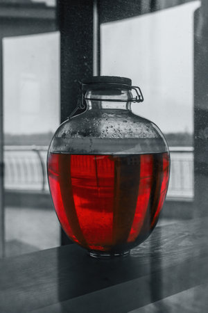 red liquid in a glass containerの写真素材