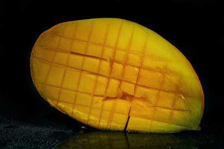 mango turned out and diced in close-up on a black backgroundの写真素材