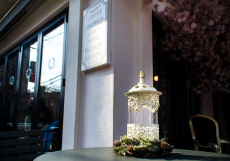 Beautiful christmas decorative lantern for cafeの写真素材