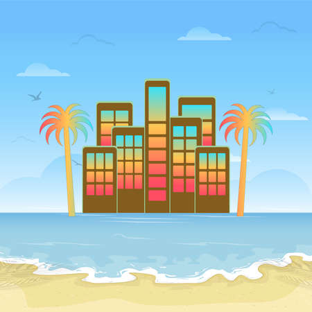 tropical island concept in vector with a very colorful cityのイラスト素材