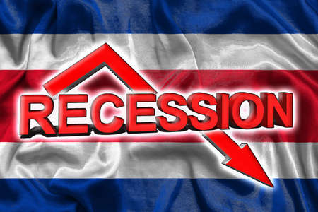 Economic crisis in Costa Rica. Flag of the Costa Rica, red arrow down and the inscription Recession. Slowdown and decline of the economyの写真素材