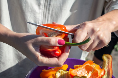Woman's hand cuts ripe red peppers. Cutting Bell Pepper outdoors. Cooking fresh vegetable salad.