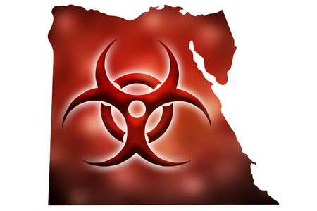 Biohazard sign against the background of a contour map of Egypt with a red glow. The concept of a new outbreak of diseases and epidemics in Egypt.の写真素材