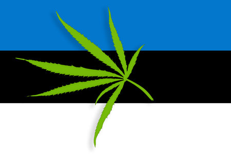Estonia flag with the image of marijuana leaves. Cannabis legalization concept in Estonia. Drug policy.の写真素材