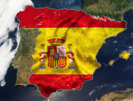 Map of Spain view from space with embedded national flag. Image elements courtesy of NASA. 3D illustrationの写真素材