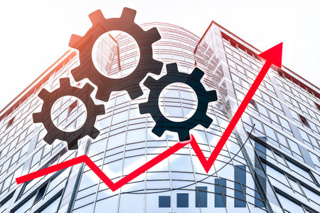 Growth graph and gears icons on the background glass facade. The concept of industrial growth, increased productivityの写真素材