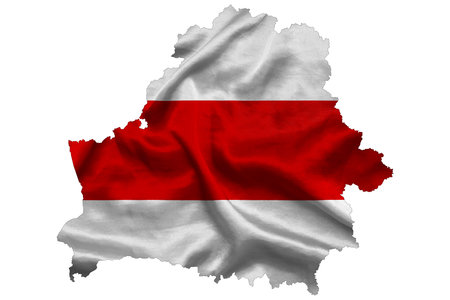 Waving national opposition Belarusian flag fills country map. White isolated background, 3d illustration. Revolution in Belarus.の写真素材