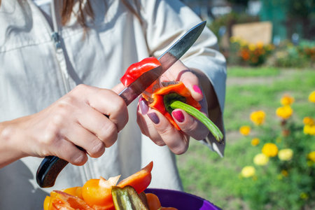 Hands of a young woman with a knife cut ripe bell pepper outdoors. Cooking fresh ripe bell pepper...