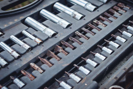 Working tools set, tool box: A set of different bits for screwdriver and hex wrench heads. Selective focusの写真素材