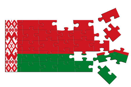 A jigsaw puzzle with a print of the flag of Belarus falls into pieces, or comes together. White isolated background. The concept of Collapse, disintegration, political crisis in the stateの写真素材