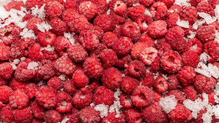 Frozen raspberries close-up for natural background. Selective focus. Raspberries, frozen...