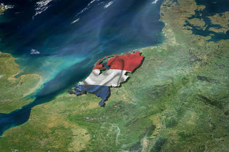 Contour map with flag texture of Netherlands on planet surface from space. 3D illustration with highly detailed planet surface and clouds in the atmosphere.の写真素材