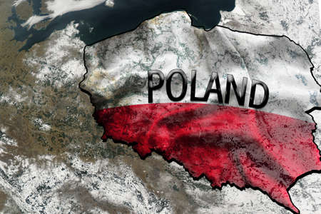 Contour map with flag texture of Poland on planet surface from space. The inscription Poland. View from space. 3D illustration with winter planet.の写真素材