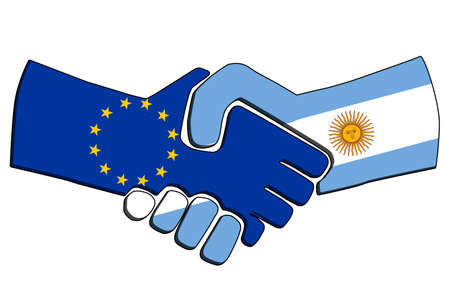 Handshake of countries with flags. Business partnership connection concept of the European Union and Argentina. Trade cooperation, Political relations friendship and peace. illustrationの写真素材