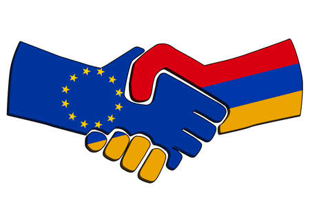 Handshake of countries with flags. Business partnership connection concept of the European Union and Armenia. Trade cooperation, Political relations friendship and peace. illustrationの写真素材