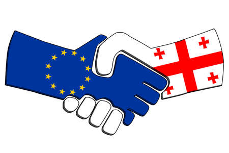 Handshake of countries with flags. Business partnership connection concept of the European Union and Georgia. Trade cooperation, Political relations friendship and peace. illustration.の写真素材