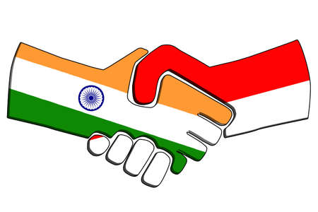 Handshake of countries with flags. Business partnership connection concept of the India and Indonesia. Trade cooperation, Political relations friendship and peace. illustration.の写真素材