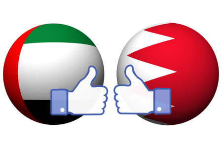 Two spheres or balls of the flag of United Arab Emirates and Bahrain show the like gesture. Good political relations between countries, friendship, peace and mutual assistanceの写真素材