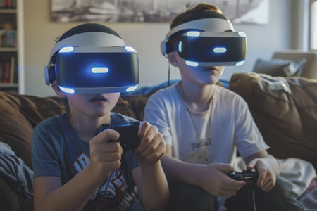 Two boys, seated on a sofa, wearing virtual reality glasses, are deeply engrossed in a computer...
