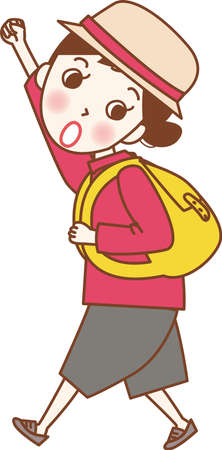 Girl walking sideways with backpack on her backのイラスト素材