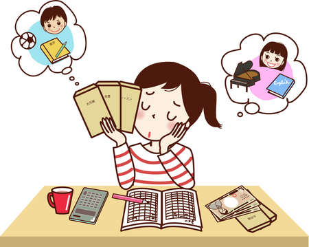 A woman considering the cost of her child's lessons.のイラスト素材