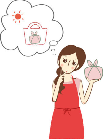 A woman thinks about what to put in the gap of her lunch box.のイラスト素材