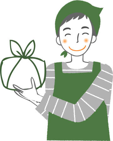 A man in an apron with a package of bento boxes.のイラスト素材
