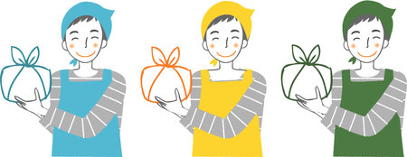 A man in an apron with a package of bento boxes.のイラスト素材