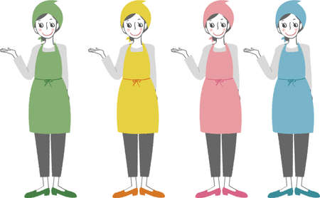 A woman wearing an apron and guide her. Here. Please come here.のイラスト素材