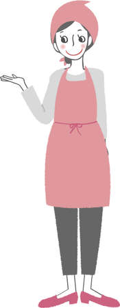 A woman wearing an apron and guide her. Here. Please come here.のイラスト素材