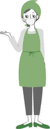 Woman in mask and apron. Here. Please come here.のイラスト素材