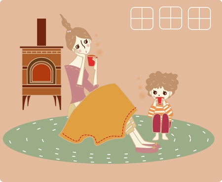 Parents and children drinking tea in the room.のイラスト素材
