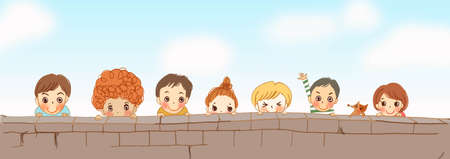 Children and dogs looking fun from the wall.のイラスト素材