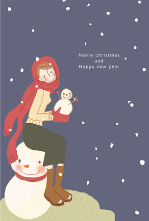 Christmas card and New Year's card for a woman sitting with a snowman on top of a snowmanのイラスト素材