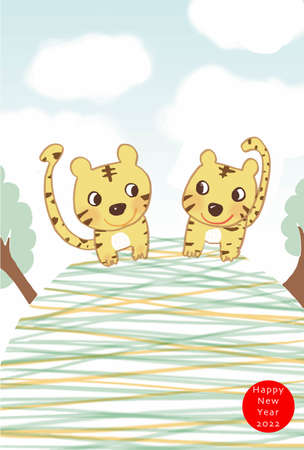 Two-child tiger New Year's card templateのイラスト素材
