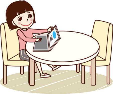 Smiling young woman learning tablet in living room.のイラスト素材