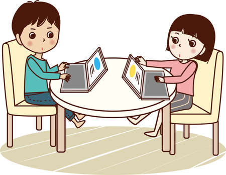 Two children learning tablets in living room.のイラスト素材