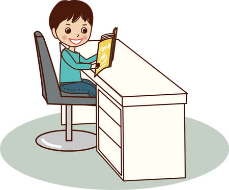 Young man reading a book at study desk.のイラスト素材